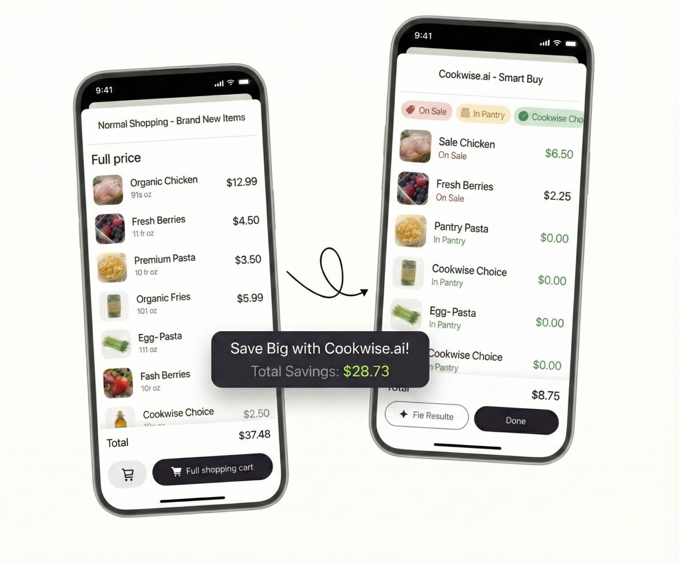 Cookwise app interface showing smart savings list